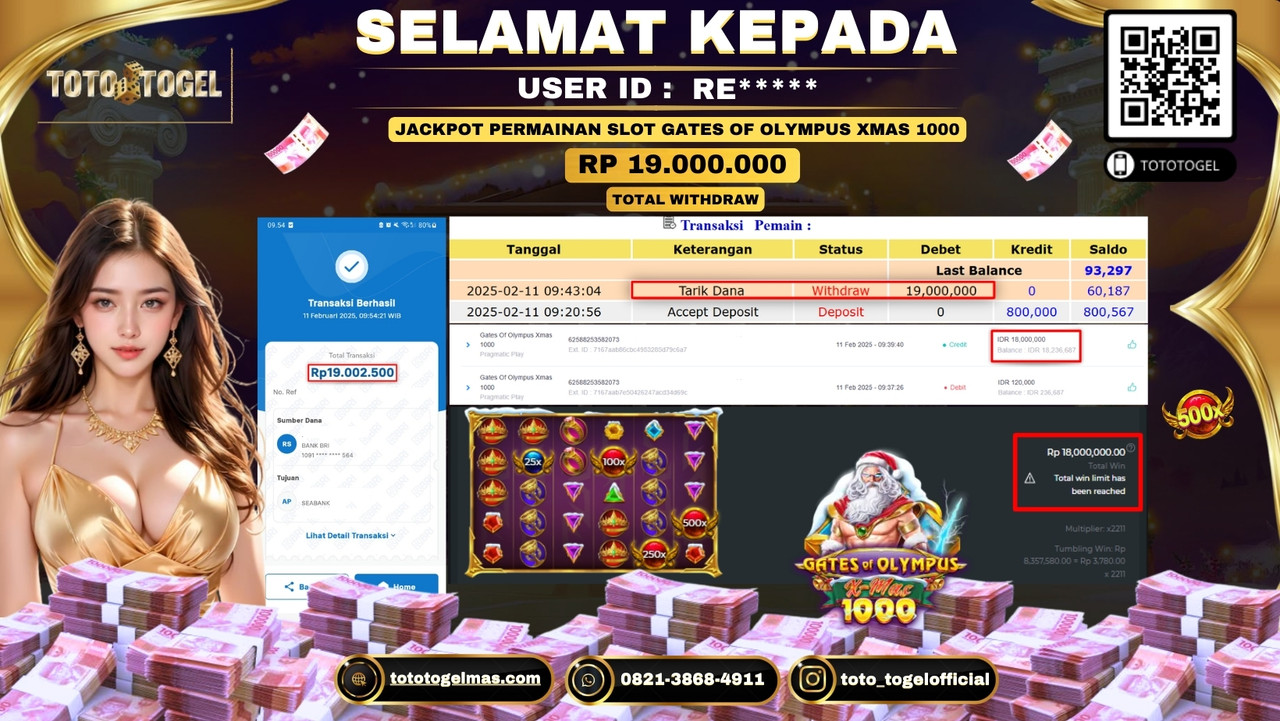 Bukti Pembayaran Jackpot  Permainan Slot Gates Of Olympus Xmas 1000  ID:RE*****  LUNAS
