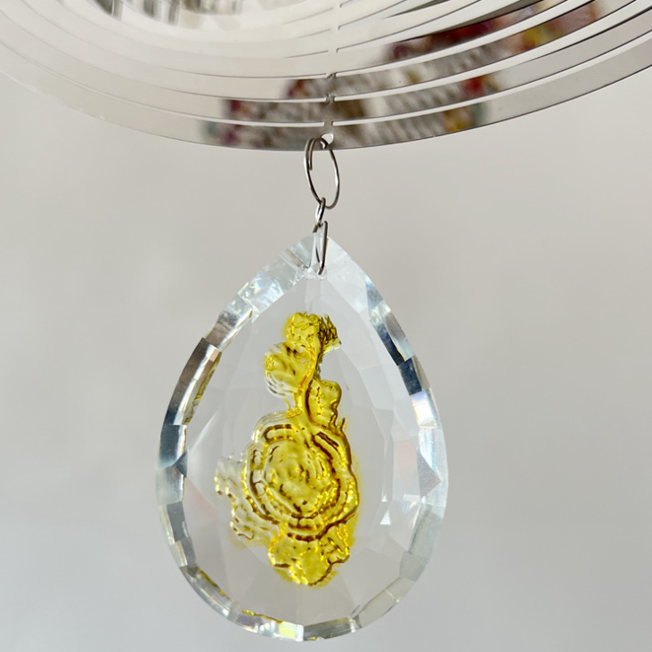 3D Silver Stainless Steel Rose Water Drop Wind Chime (25x26CM) - Mirror Reflective Hanging Garden Art and Outdoor Decoration