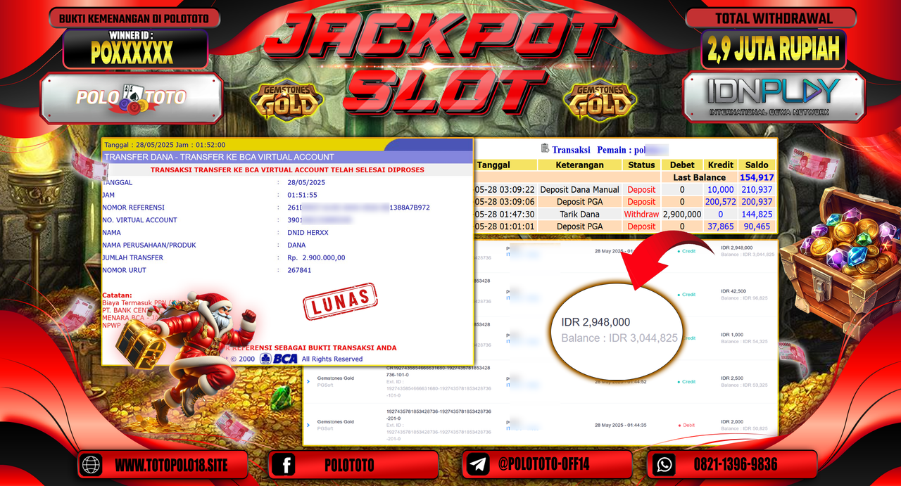 POLOTOTO JACKPOT SLOT GEMSTONES GOLD Rp.2.900.000,-