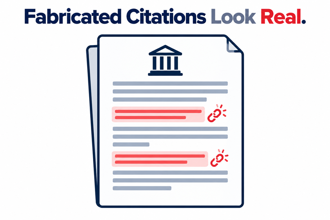 Illustration of fabricated citations hidden in professional-looking AI output