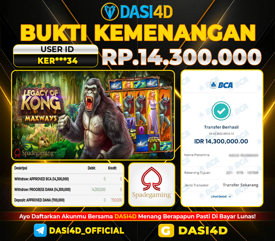 BUKTI KEMENANGAN 14 JULI 2025 DI LEGACY OF KONG RP 14.300.000