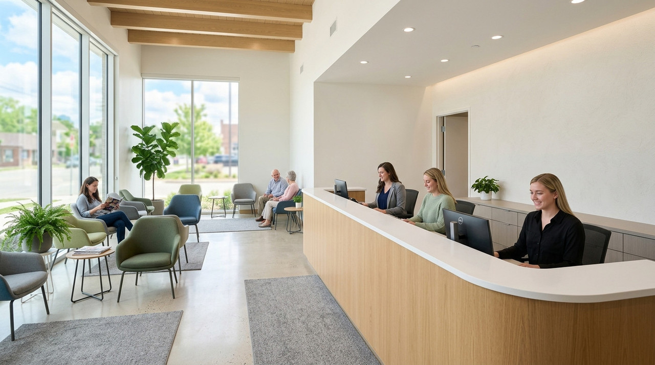 Просторная приемная современной клиники с деревянной стойкой регистрации, сотрудниками за компьютерами и зоной ожидания для пациентов у панорамного окна