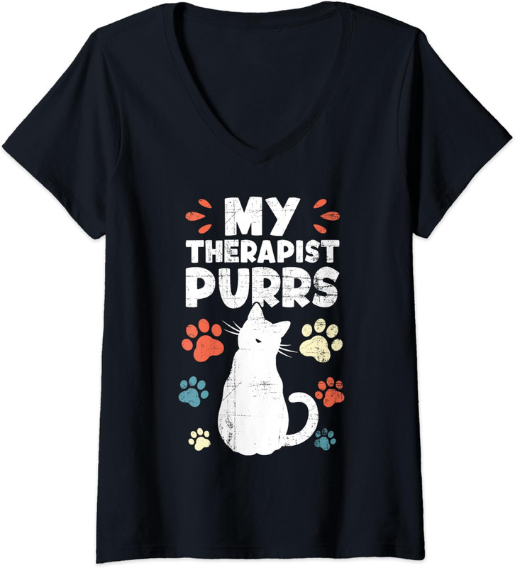 Funny Cat Lover Graphic Design My Therapist Purrs Ladies’ V-Neck Tshirt