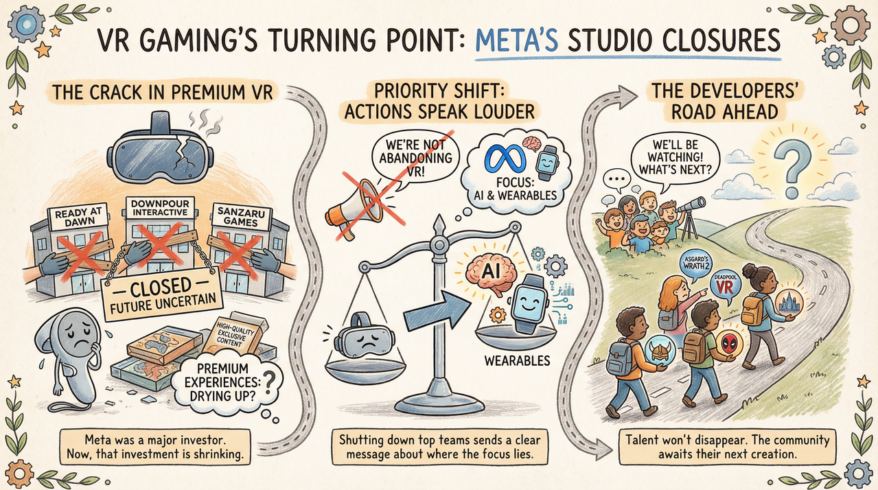 Meta Just Killed Three VR Studios and Nobody Saw It Coming 1 Virtual reality gaming headset on desk with controllers