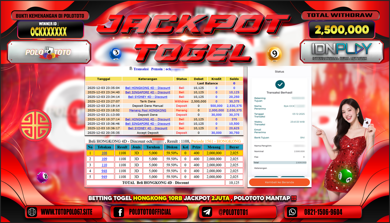 POLOTOTO JACKPOT TOGEL MENANG HONGKONG LOTTO Rp.2.500.000,- LUNAS