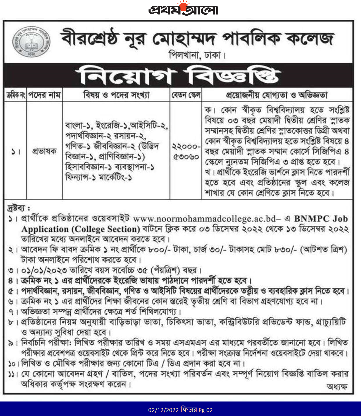 বীরশ্রেষ্ঠ নূর মোহাম্মদ পাবলিক স্কুল এন্ড কলেজ নিয়োগ বিজ্ঞপ্তি ২০২২ 2 prothom alo 4
