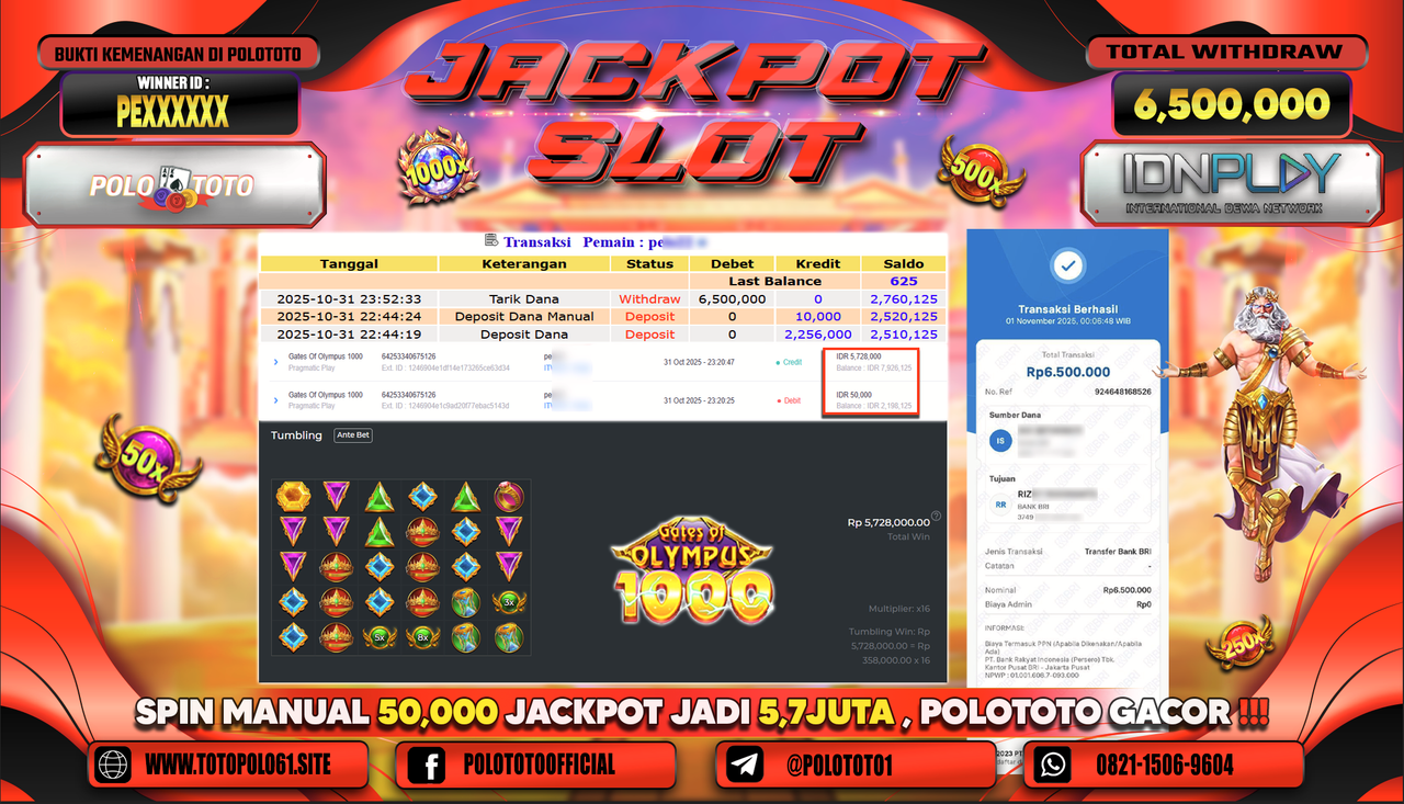 POLOTOTO JACKPOT SLOT GATES OF OLYMPUS 1000 Rp.6.500.000,- LUNAS