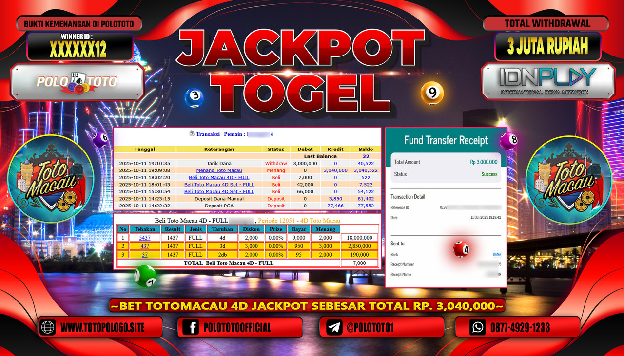 POLOTOTO JACKPOT TOGEL TOTO MACAU Rp.3.000.000,- LUNAS