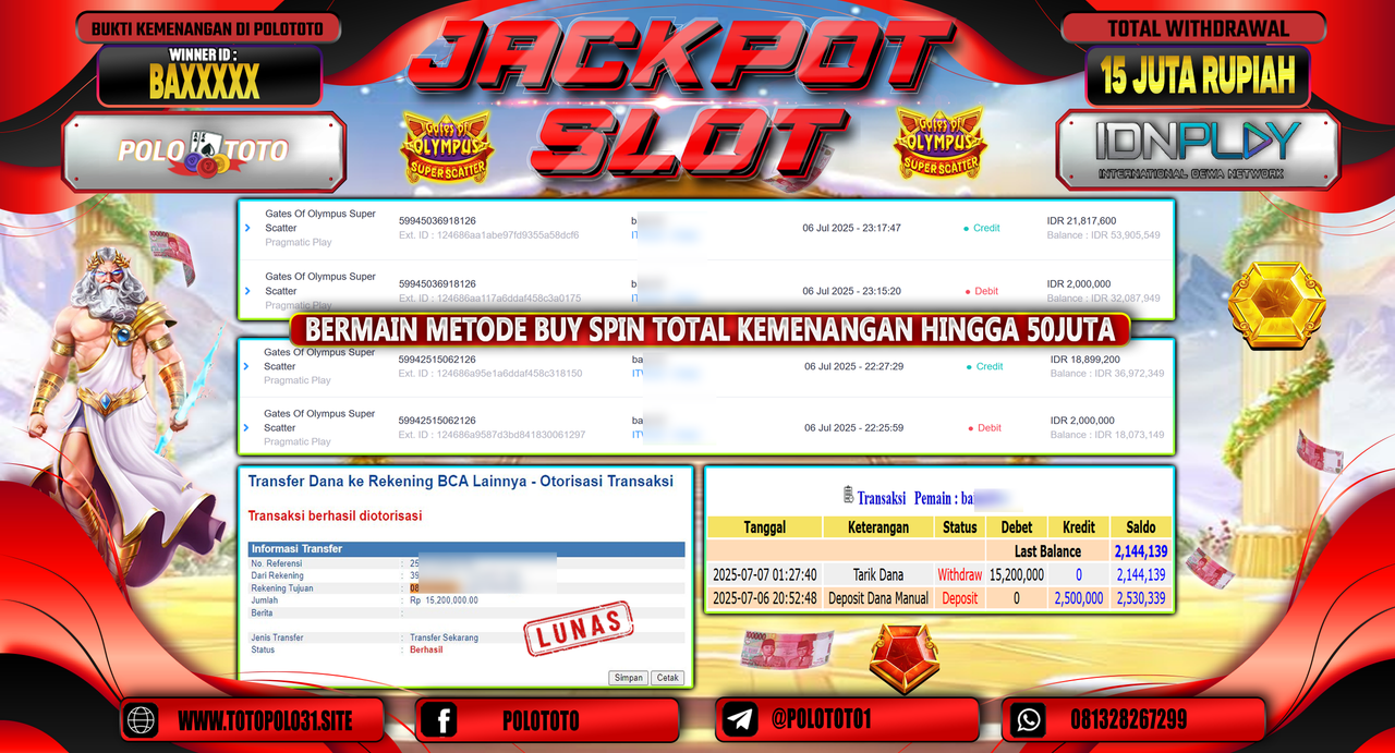 POLOTOTO JACKPOT SLOT GATES OF OLYMPUS SUPER SCATTER Rp.15.200.000,-