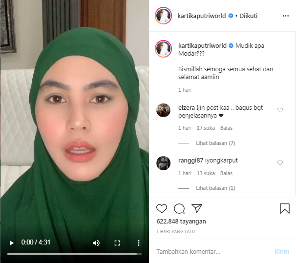 Imbauan Kartika Putri untuk yang masih nekat mudik.