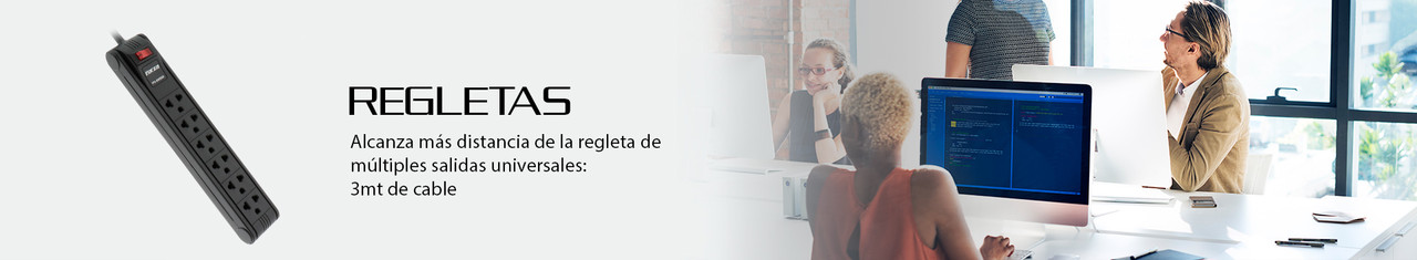 Regleta Forza con 6 salidas universales, compatible con enchufes de diferentes países.