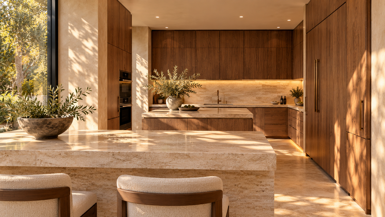 Cocina con isla de piedra y muebles de madera hasta el techo (IMG REF)