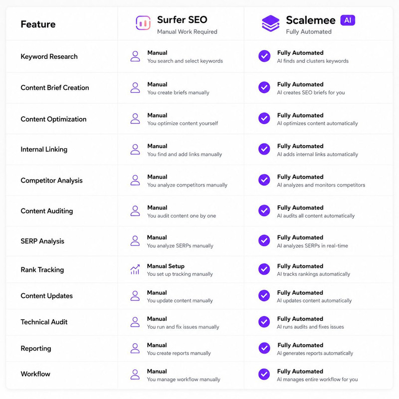Surfer SEO vs Scalemee comparison for founders and small teams 2026