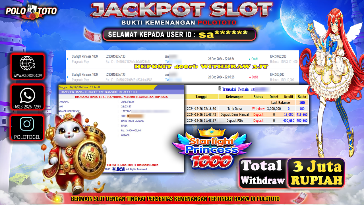 POLOTOTO JACKPOT SLOT STARLIGHT PRINCESS 1000 Rp.3,000.000,-