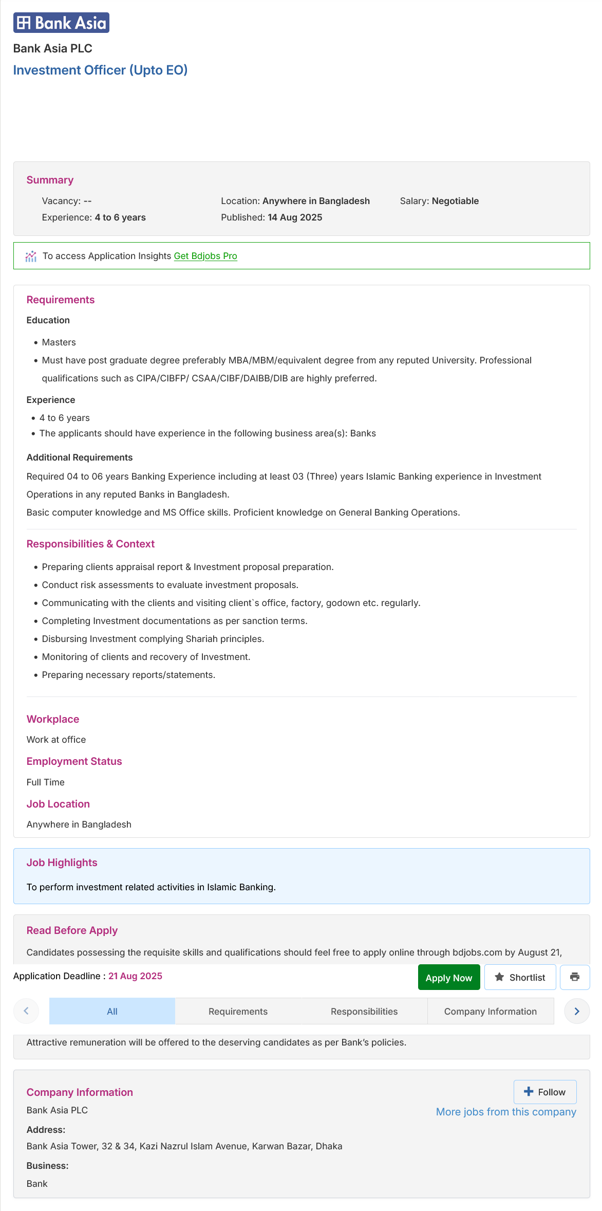 Bank Asia-তে Recovery Unit Head (FAVP-FVP) নিয়োগ | ঢাকায় চাকরি