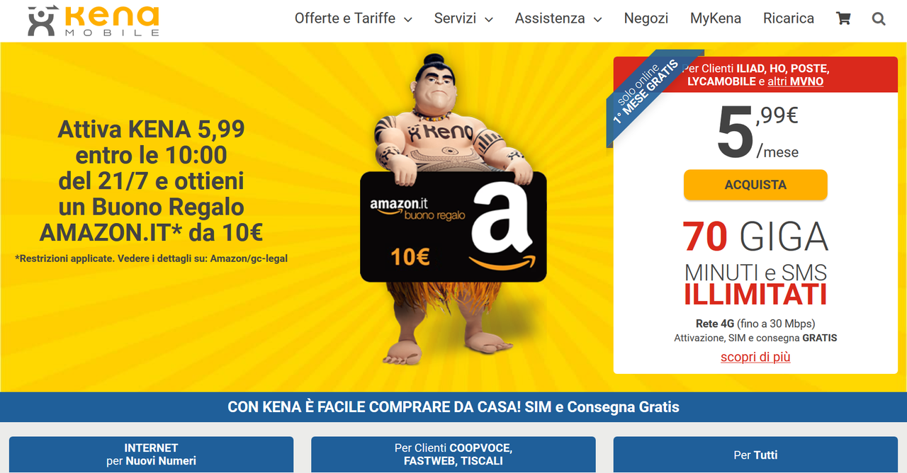 Kena Mobile: Amazon 10€, 1 mese gratis, 5,99€/mese min&sms illim+70GB -  scad 21/07/20 - Pagina 2
