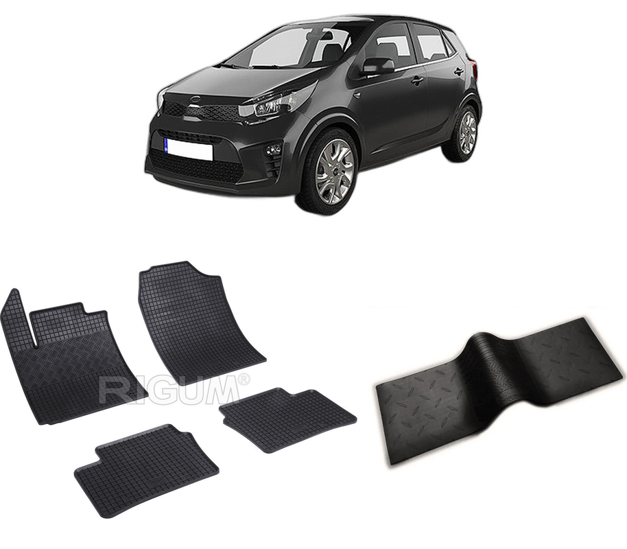 Set covorase auto KIA PICANTO III din 04.2017-PREZENT, cu covoras tunel median, CAROSERIE HATCHBACK INCLUSIV FACELIFT, Presuri cauciuc 100%, compatibil cu autoturismul KIA PICANTO III, Rigum