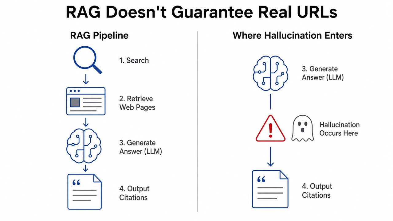 RAG pipeline diagram showing where Perplexity fake URLs citations occur