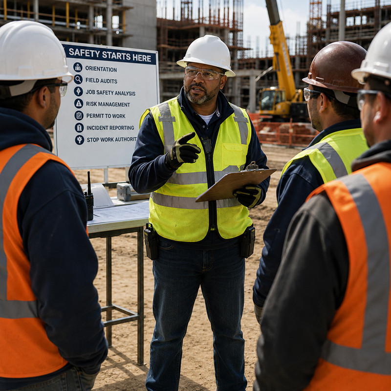 FSG Safety Manager conducting field orientation on an active construction site