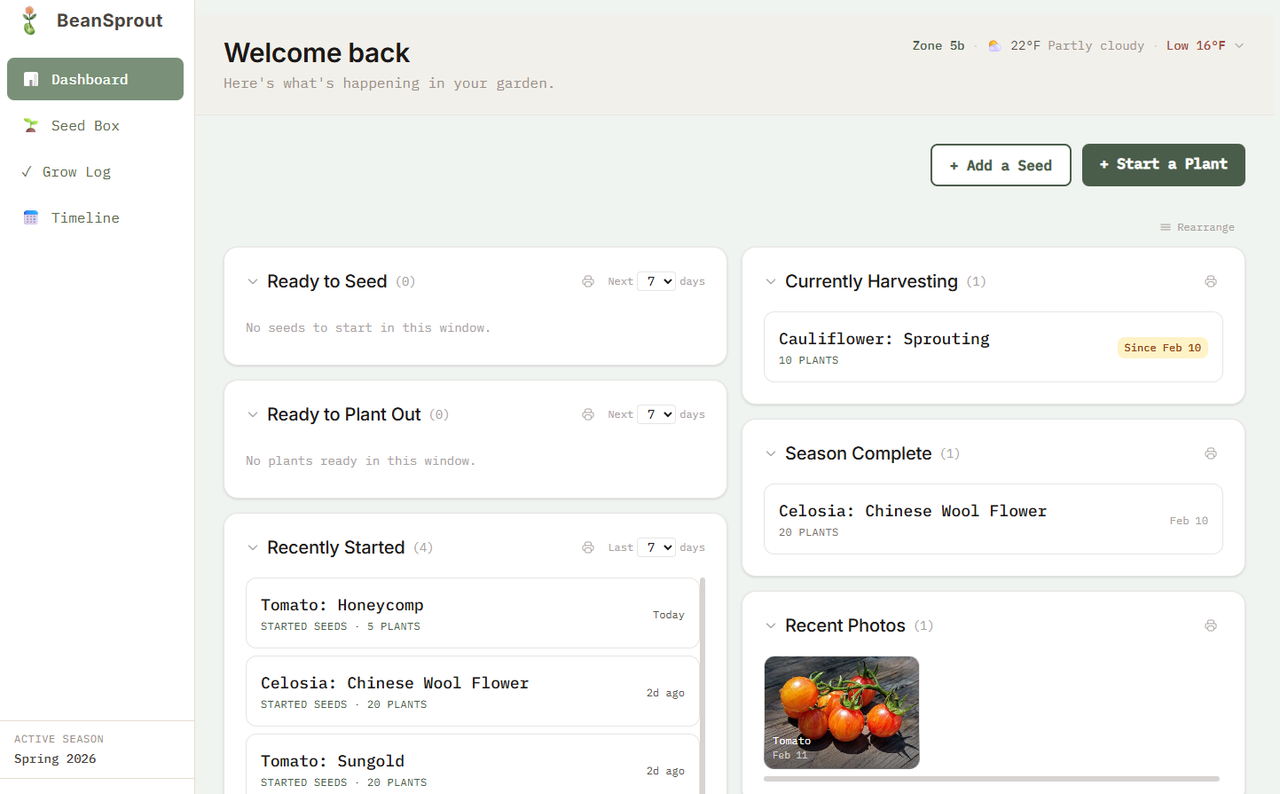 BeanSprout dashboard — see your garden activity, weather alerts, and upcoming tasks at a glance