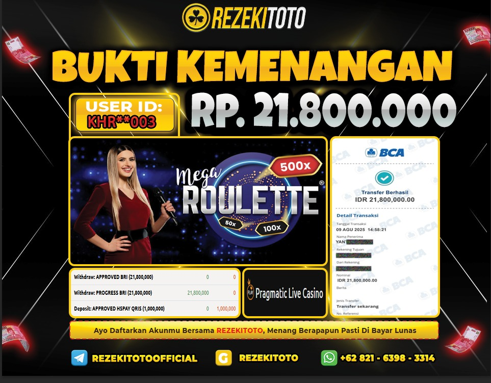 BUKTI KEMENANGAN 9 AGUSTUS 2025  MEGAROULETTE 21 JUTA 