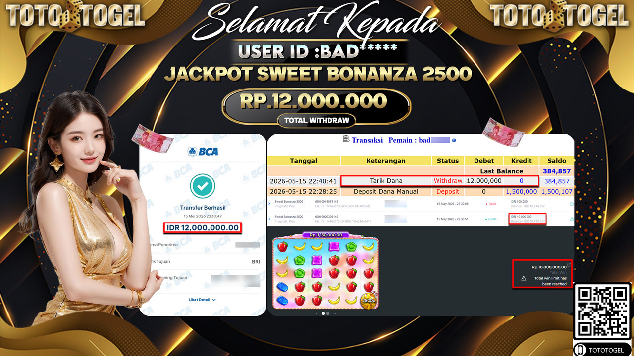 Bukti Pembayaran Jackpot Permainan Slot Sweet Bonanza 2500 ID:BAD***** LUNAS