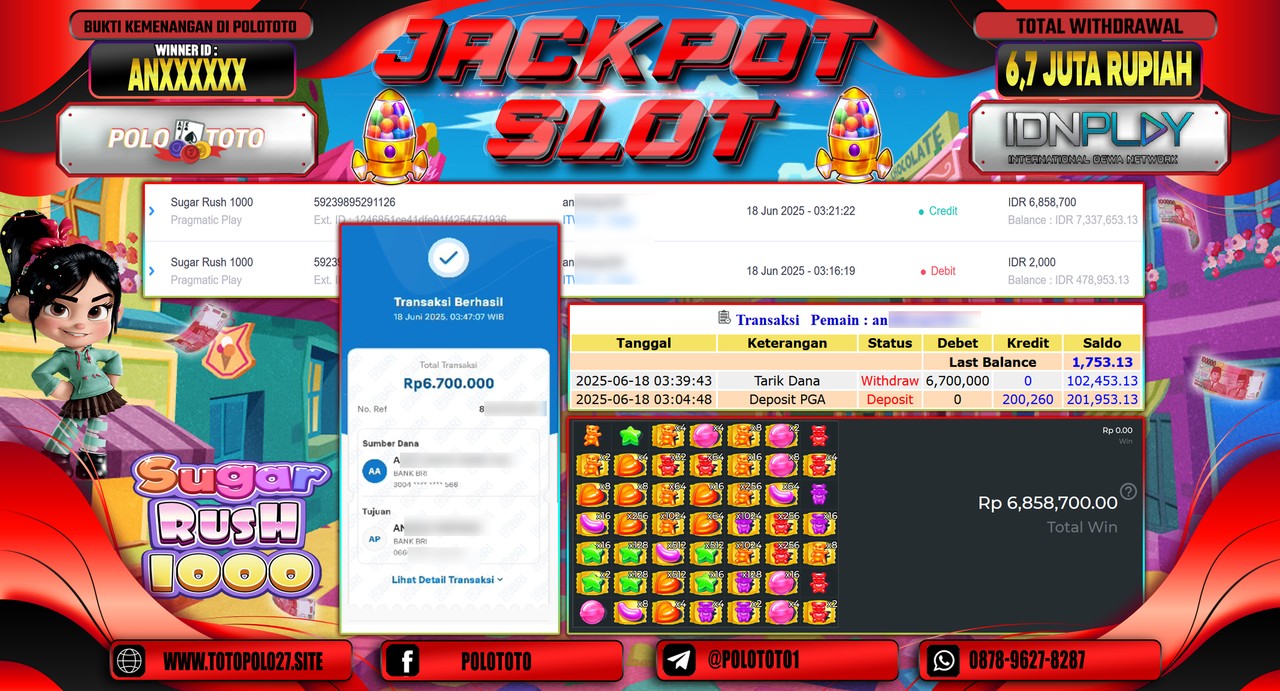 POLOTOTO JACKPOT SLOT SUGAR RUSH 1000 Rp.6.700.000,-