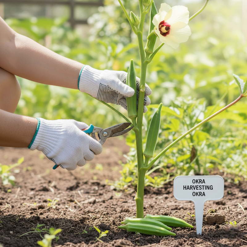Harvesting okra: picking tender pods from the plant