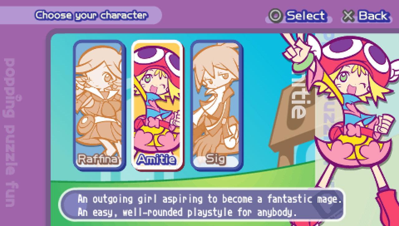 A screenshot of the Choose Your Character screen for the School mode, the 3 characters are Raffina, Amitie, and Sig. The player is hovered over Amitie, and it states: "An outgoing girl aspiring to become a fantastic mage. An easy, well-rounded playstyle for anybody."