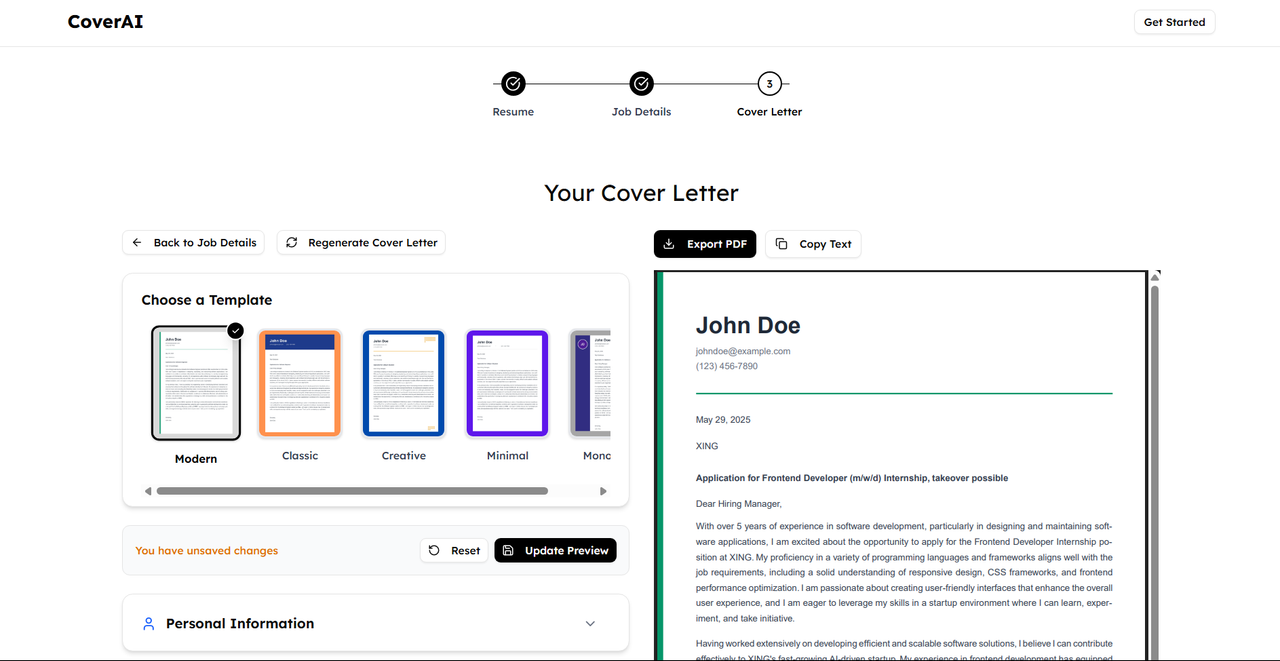 Cover Letter AI Application Screenshot 2
