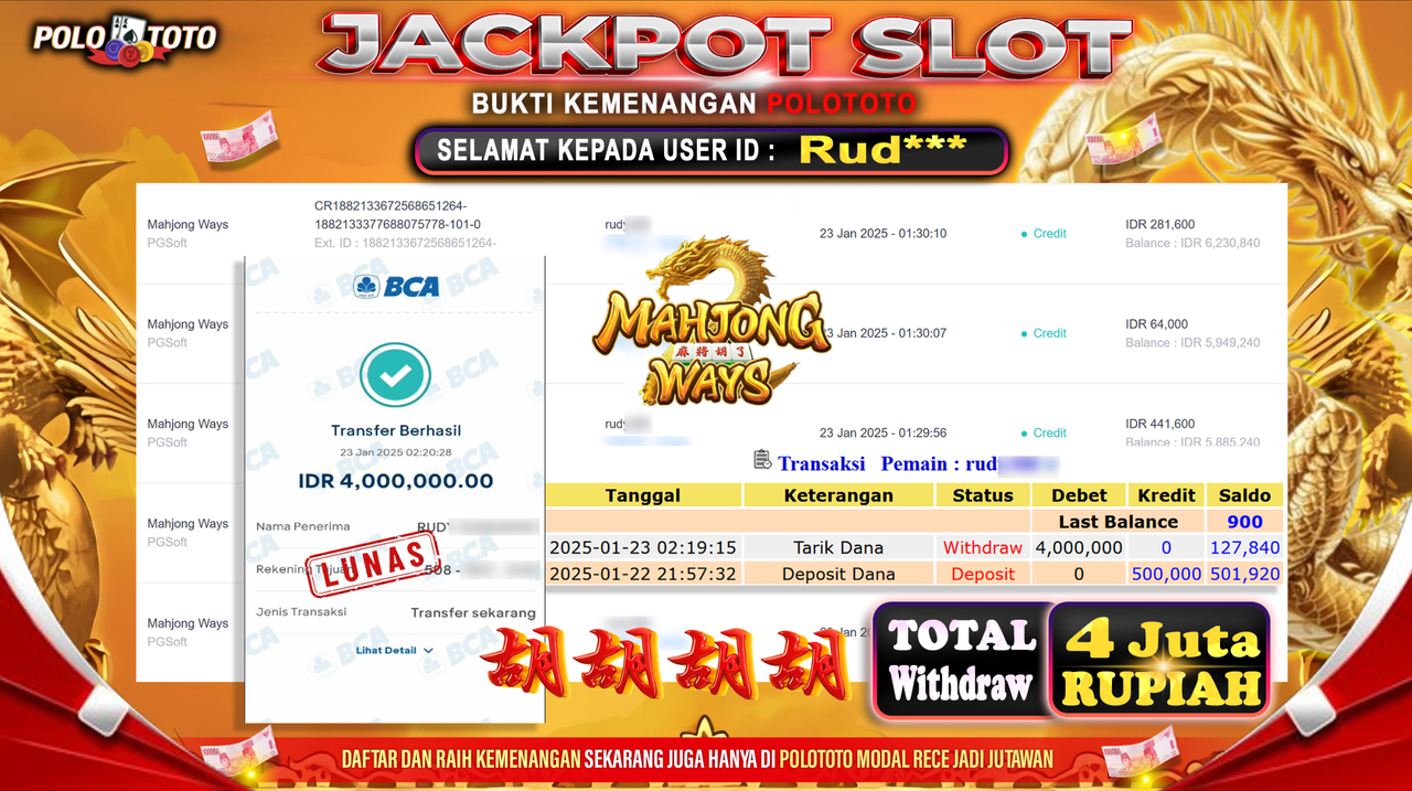 POLOTOTO JACKPOT SLOT MAHJONG WAYS Rp.4,000.000,-