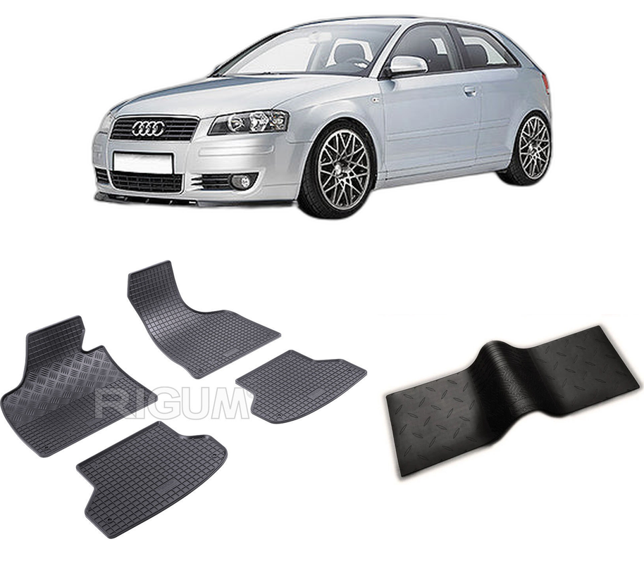 Set covorase auto AUDI A3 8P din 05.2003-01.2013, cu covoras tunel median, CAROSERIE HATCHBACK, Presuri cauciuc 100%, compatibil cu autoturismul AUDI A3 8P, Rigum