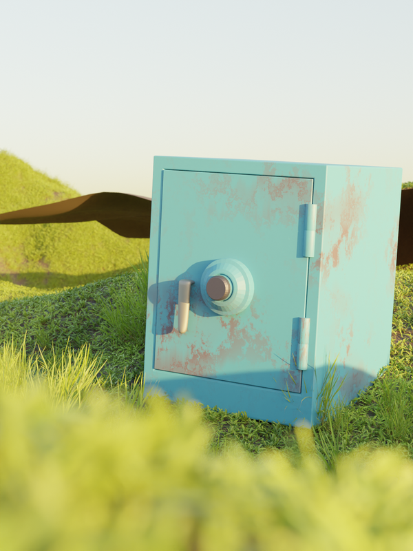 a 3d render of a blue, scuffed safe in lush grass fields