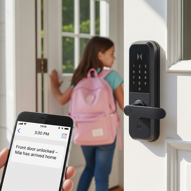 Smart lock on front door with notification showing child arriving home safely