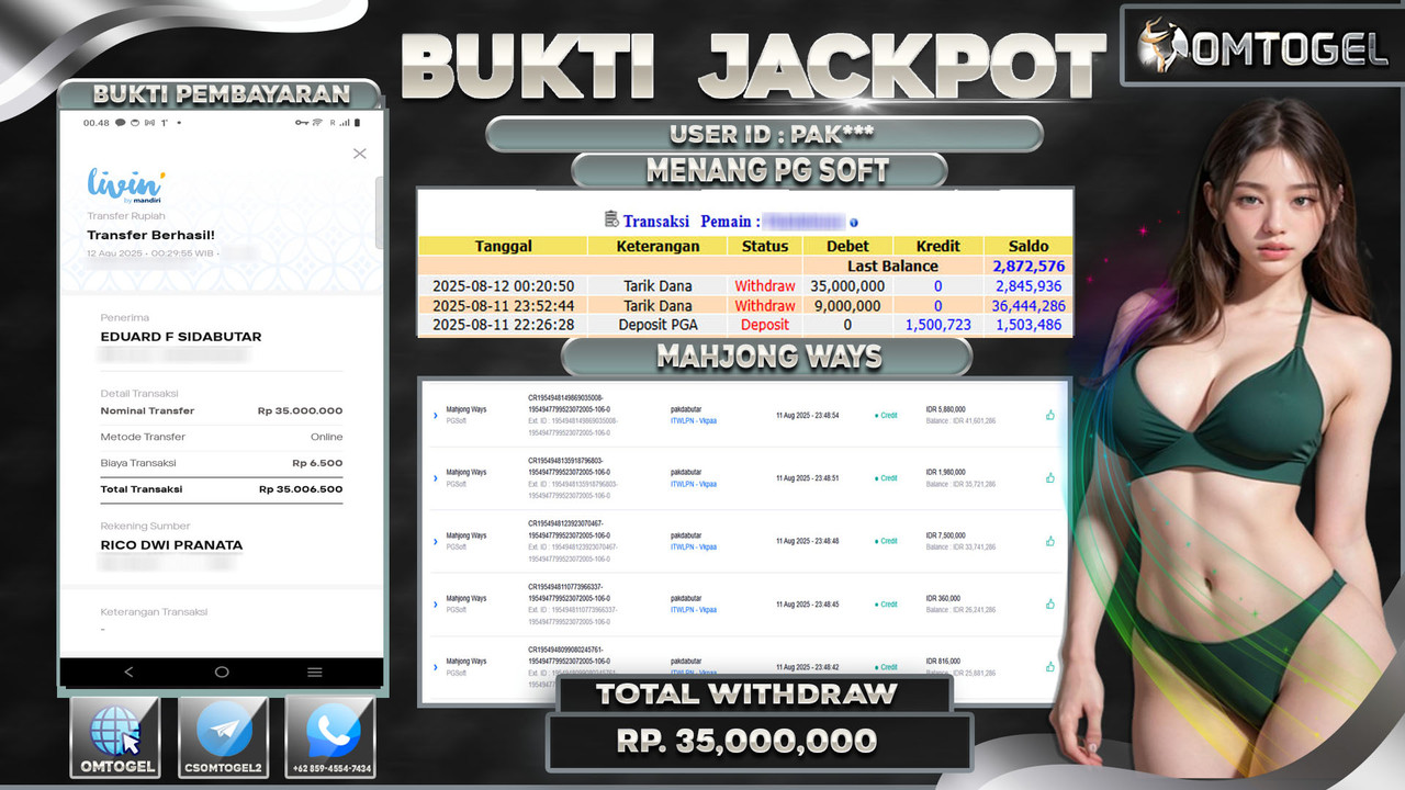 OMTOGEL JACKPOT PGSOFT MAHJONG WAYS 35 JUTA DI BAYAR LUNAS ,-