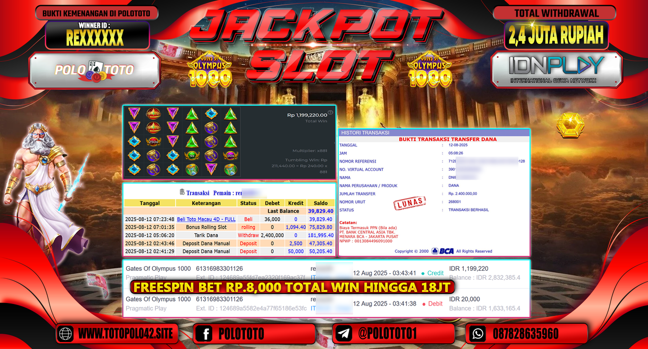 POLOTOTO JACKPOT SLOT GATES OF OLYMPUS 1000 Rp.2.400.000,-LUNAS
