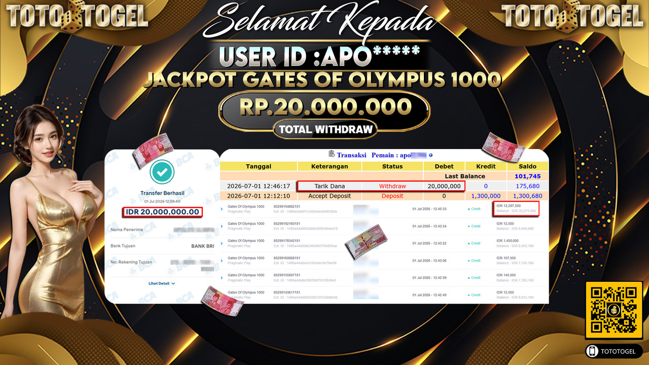 Bukti Pembayaran Jackpot Permainan Slot Gates Of Olympus 1000 ID:APO*****LUNAS