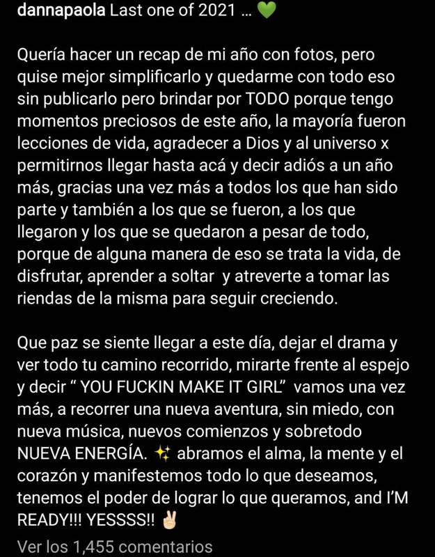 Danna Paola comparte emotivo mensaje en Instagram para despedir al 2021