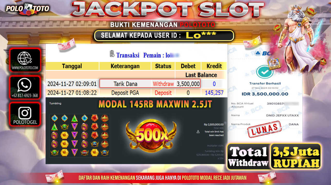 POLOTOTO JACKPOT SLOT GATES OF OLYMPUS  Rp.3.500.000,-