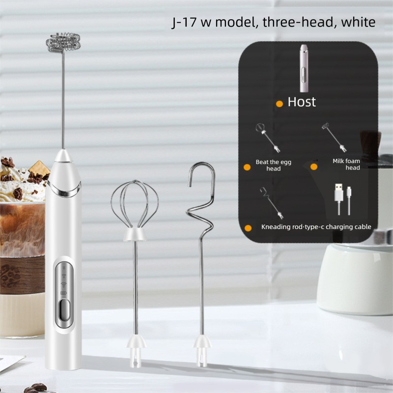 Rechargeable 3-in-1 Handheld Milk Frother Set - Electric Whisk with Egg Beater & Mixing Hook - 3 Speed Adjustable Foam Maker for Coffee, Lattes, Baking & Baby Food (White)