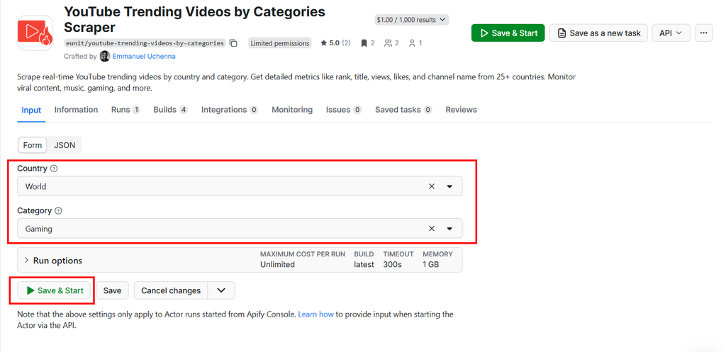 YouTube Trending Videos by Categories Actor input form