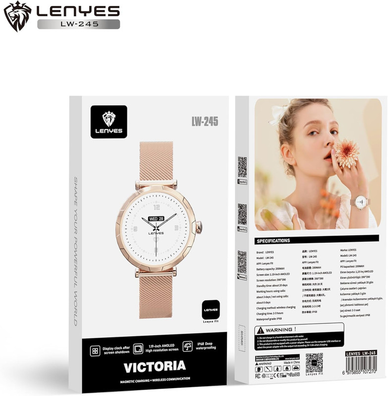ساعة Lenyes Victoria LW-245 الذكية للنساء - شاشة AMOLED 1.19 بوصة، مقاومة للماء IP68، تتبع صحة المرأة، شحن لاسلكي، بطارية 20 يوم - أسود - 2