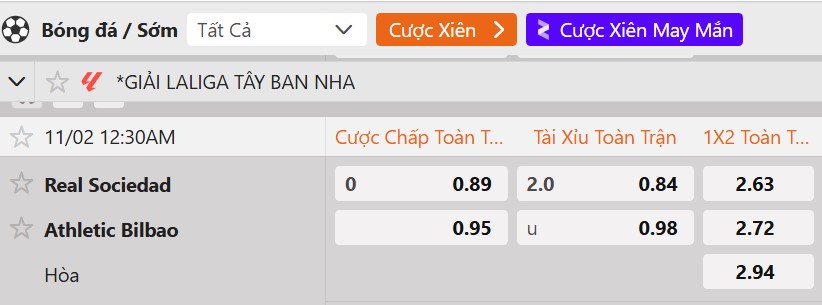 Tỷ lệ kèo Real Sociedad vs Athletic Bilbao