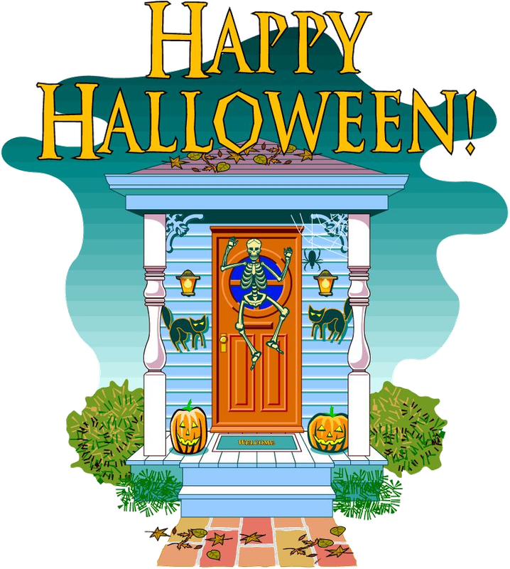 a picture of a front door decorated for Halloween with the words 'Happy Halloween!'