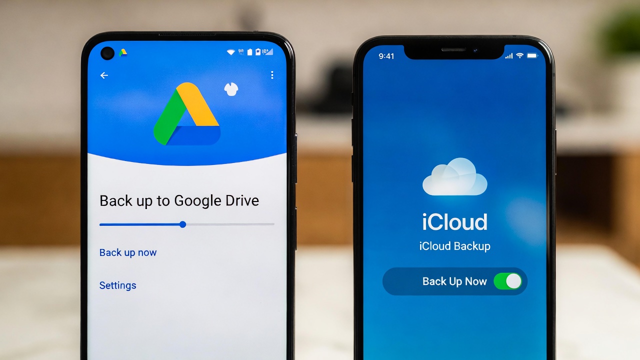 Split screen showing Google Drive backup on Android and iCloud backup on iPhone