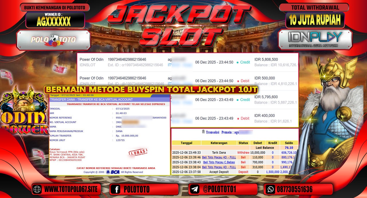 POLOTOTO JACKPOT SLOT POWER OF ODIN Rp.10.000.000,- LUNAS