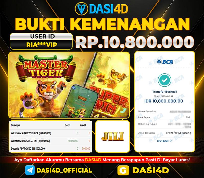 BUKTI KEMENANGAN 01 AGUSTUS DI MASTER TIGER RP 10.800.000