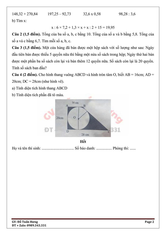 Đề thi vào lớp 6 trường THCS Tam Đảo
