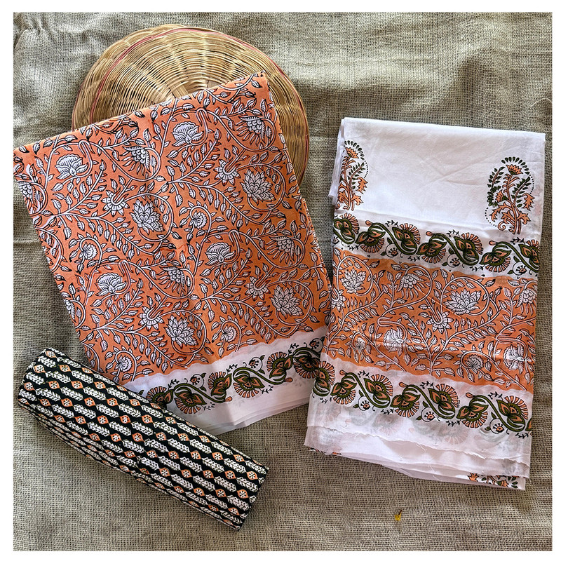 Hand Block Printed Peach Color Cotton Dress Material with Dupatta