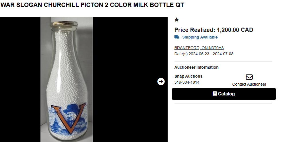 WAR SLOGAN CHURCHILL PICTON 2 COLOR MILK BOTTLE QT
